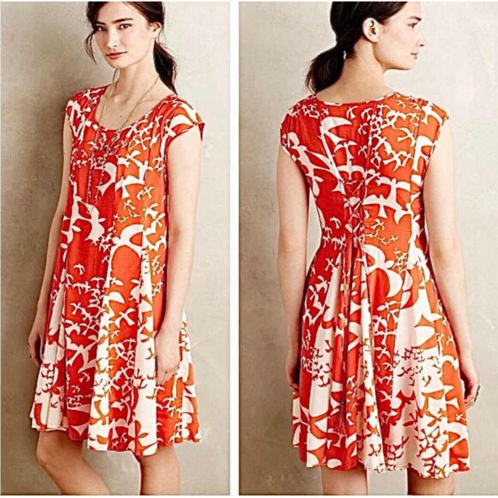 Anthropologie Maeve Indiga Swing Bird Print Dress Size L Lace Up Tassel Back